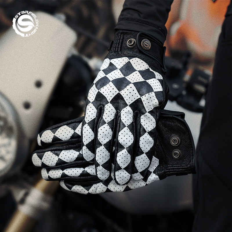Motorcycle Gear White - スターフィールドナイトブラック&ホワイトオートバイグローブレトロライディングギア夏用通気性本物のヤギ革滑り止め耐摩耗性