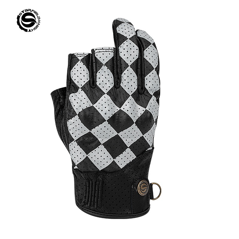 Motorcycle Gear White - スターフィールドナイト SKG-566 夏用オートバイハーフフィンガーグローブ男性通気性ヤギ革牛革レトロライディングギアブラックホワイト
