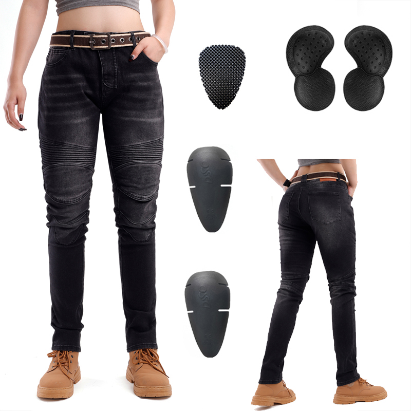 Motorcycle Gear Women Pants - 女性用ブラックオフロードバイクジーンズ、ダートバイクライディングパンツ、レディース用保護ギア