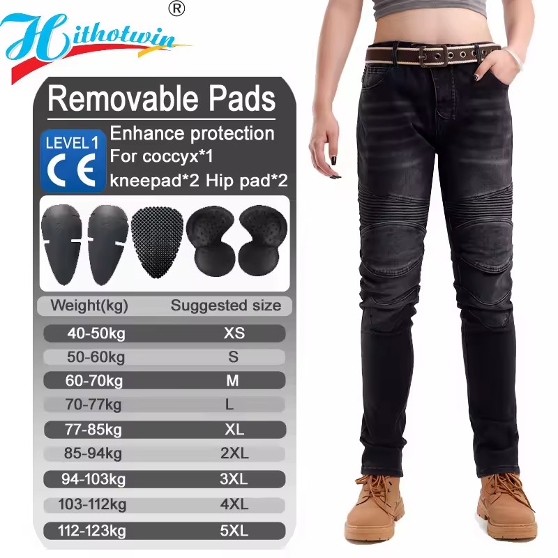 レディースバイク用ジーンズ ブラック オフロードライディング - Motorcycle Gear Women Pants のレビューと価格